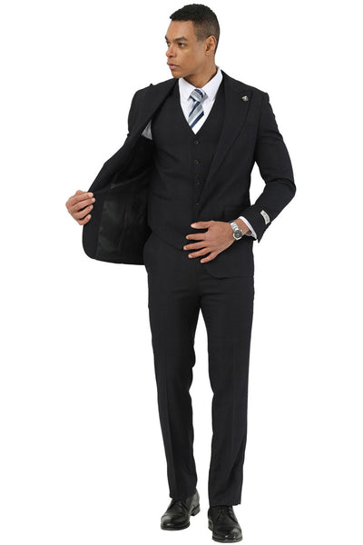 Men's Stacy Adams One Button Peak Lapel Vested Suit in Black Plaid