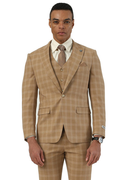 Men's Stacy Adams One Button Vested Peak Lapel Suit in Taupe Plaid
