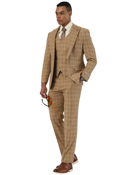Men's Stacy Adams One Button Vested Peak Lapel Suit in Taupe Plaid