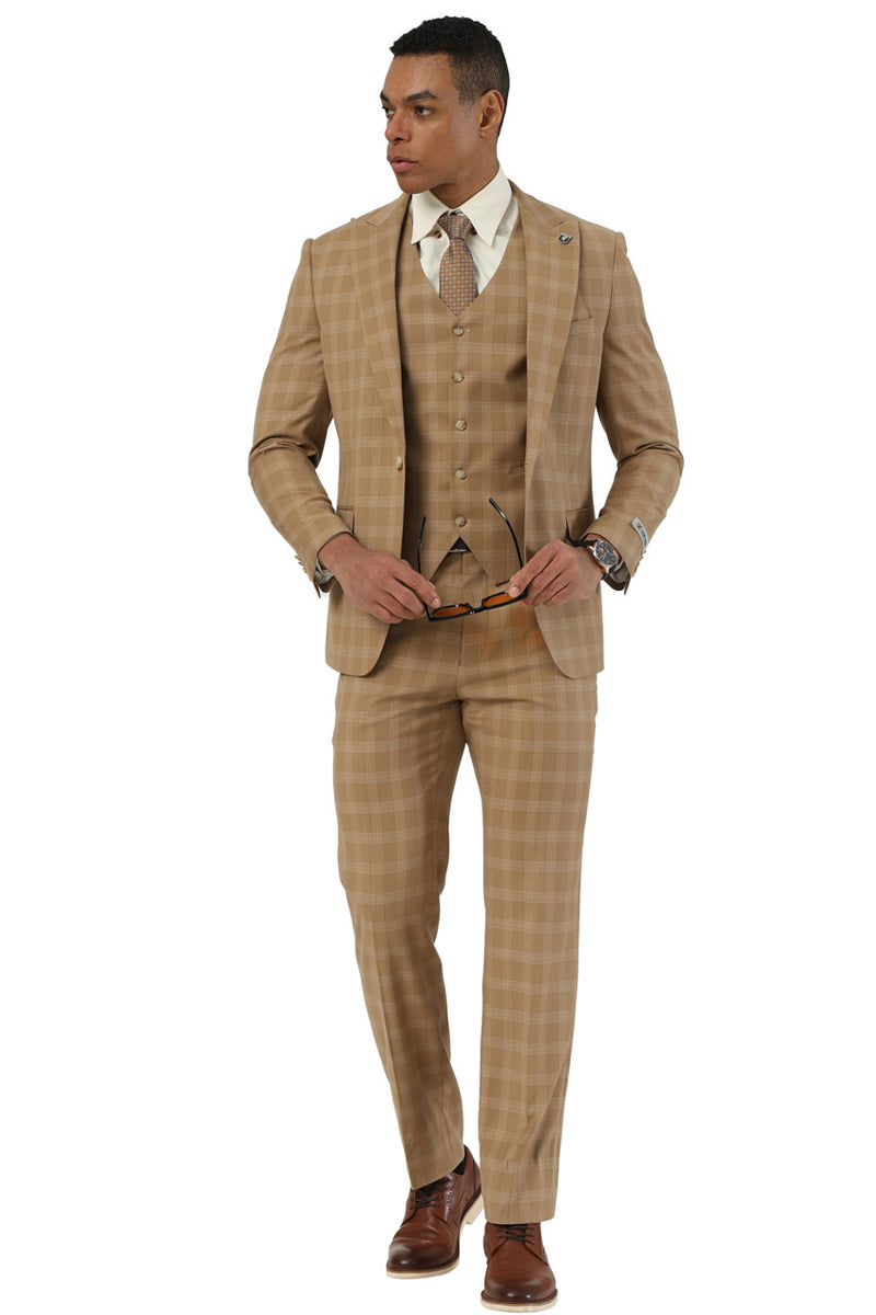 Men's Stacy Adams One Button Vested Peak Lapel Suit in Taupe Plaid
