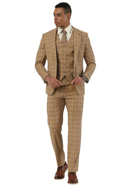 Men's Stacy Adams One Button Vested Peak Lapel Suit in Taupe Plaid