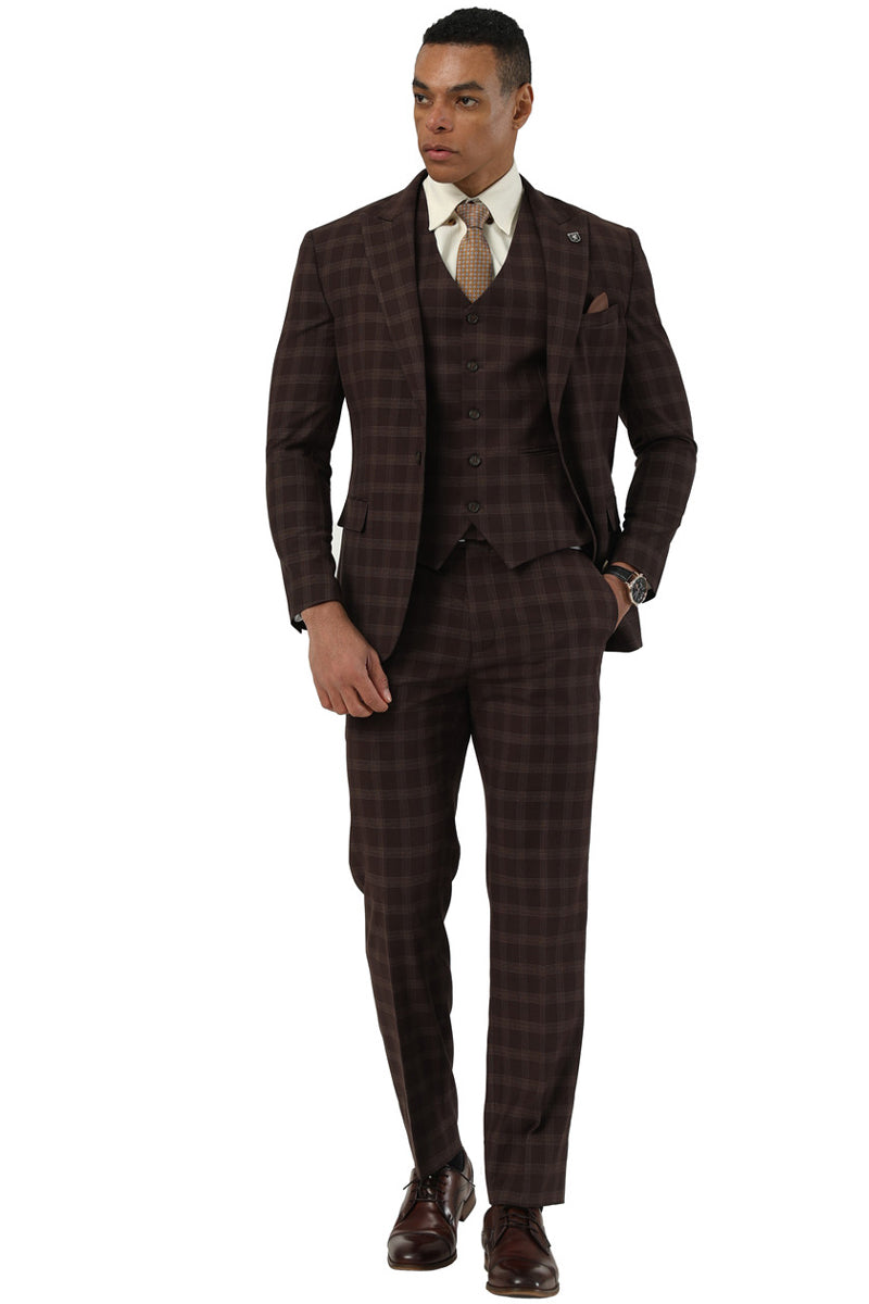 Men's Stacy Adams One Button Vested Peak Lapel Suit in Brown Plaid