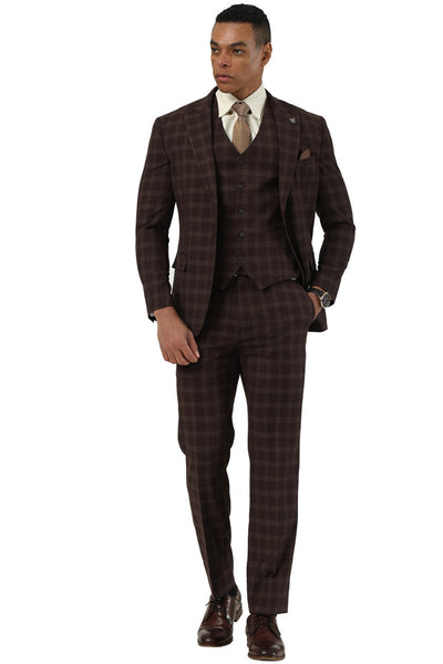 Men's Stacy Adams One Button Vested Peak Lapel Suit in Brown Plaid