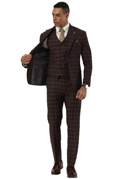 Men's Stacy Adams One Button Vested Peak Lapel Suit in Brown Plaid