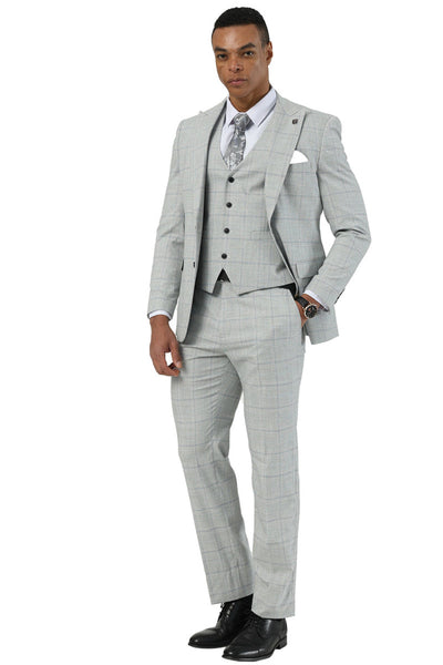 Men's Stacy Adams Two Button Vested Peak Lapel Suit in Light Grey Windowpane Plaid