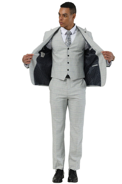 Men's Stacy Adams Two Button Vested Peak Lapel Suit in Light Grey Windowpane Plaid