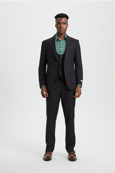 Men's Vested One Button Peak Lapel Stacy Adams Designer Suit in Black