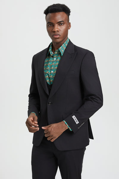 Men's Vested One Button Peak Lapel Stacy Adams Designer Suit in Black