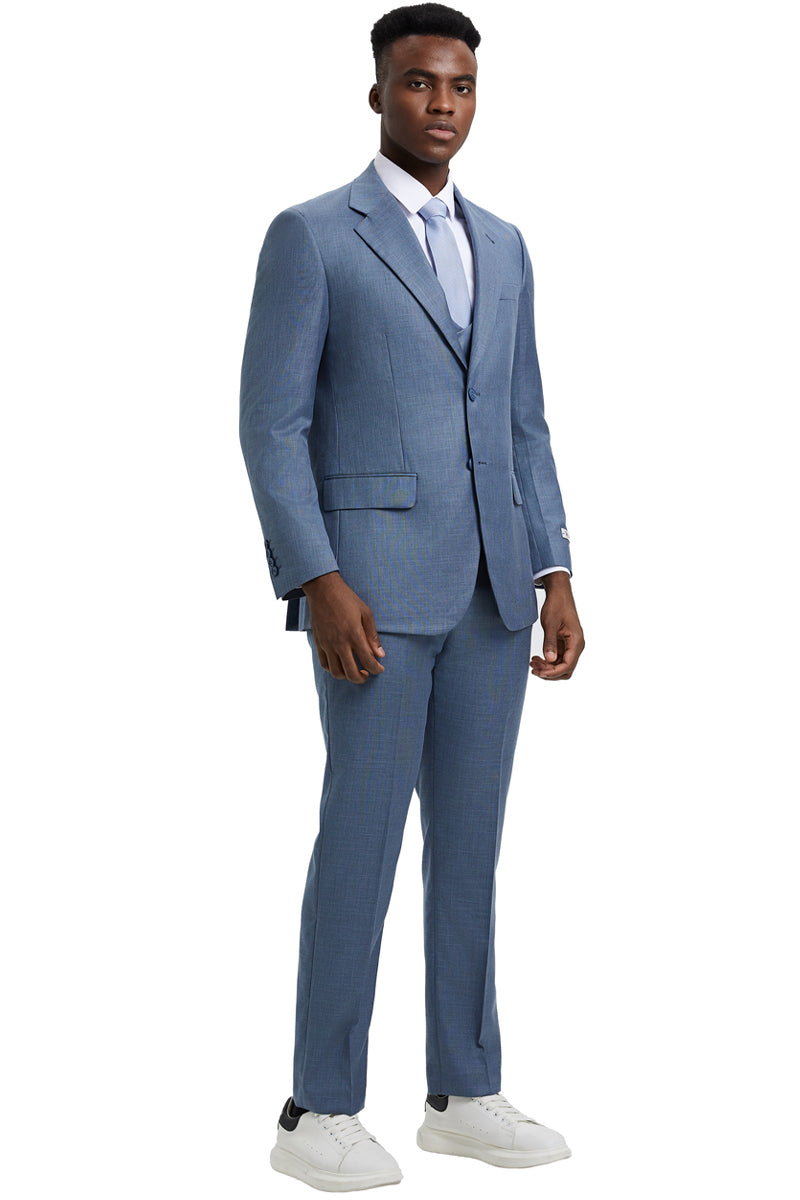 Men's Two Button Vested Stacy Adams Designer Sharkskin Suit in Steel Light Blue