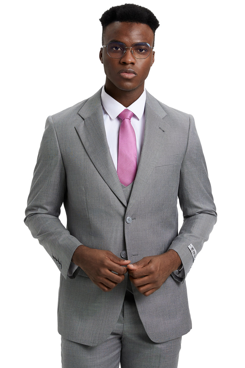 Men's Two Button Vested Stacy Adams Designer Sharkskin Suit in Light Grey