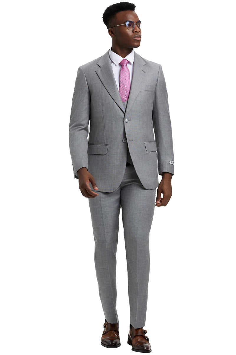 Men's Two Button Vested Stacy Adams Designer Sharkskin Suit in Light Grey