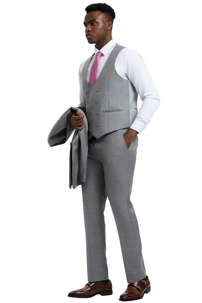 Men's Two Button Vested Stacy Adams Designer Sharkskin Suit in Light Grey