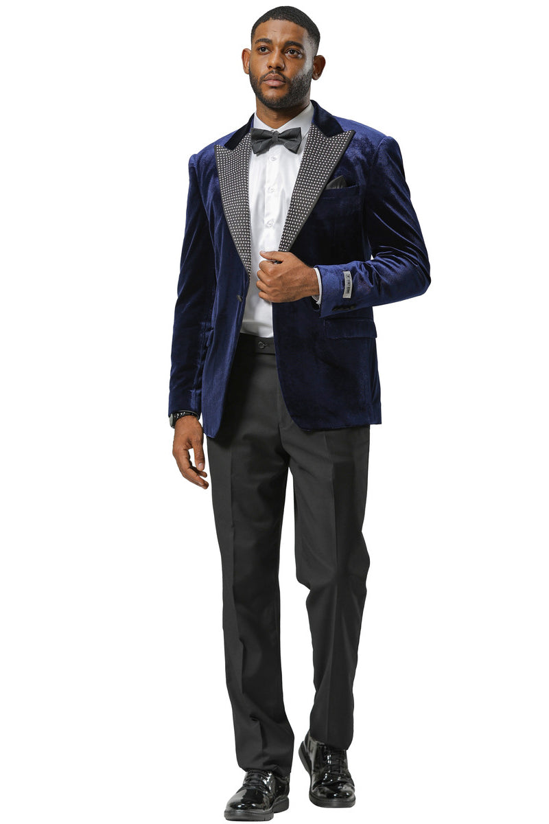Men's Stacy Adams Velvet Wedding & Prom Tuxedo Jacket With Rhinestone Adorned Lapel in Navy