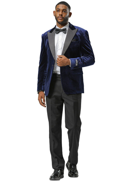 Men's Stacy Adams Velvet Wedding & Prom Tuxedo Jacket With Rhinestone Adorned Lapel in Navy