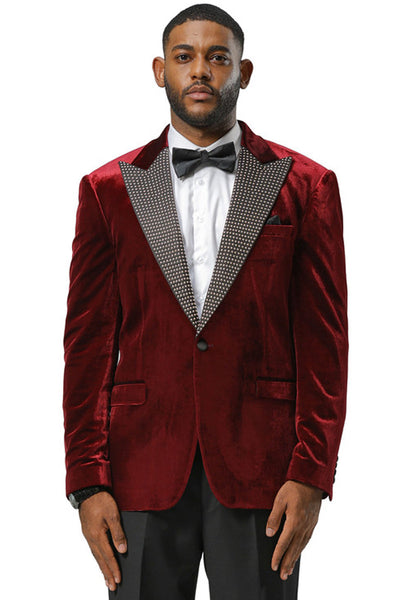 Men's Stacy Adams Velvet Wedding & Prom Tuxedo Jacket With Rhinestone Adorned Lapel in Burgundy