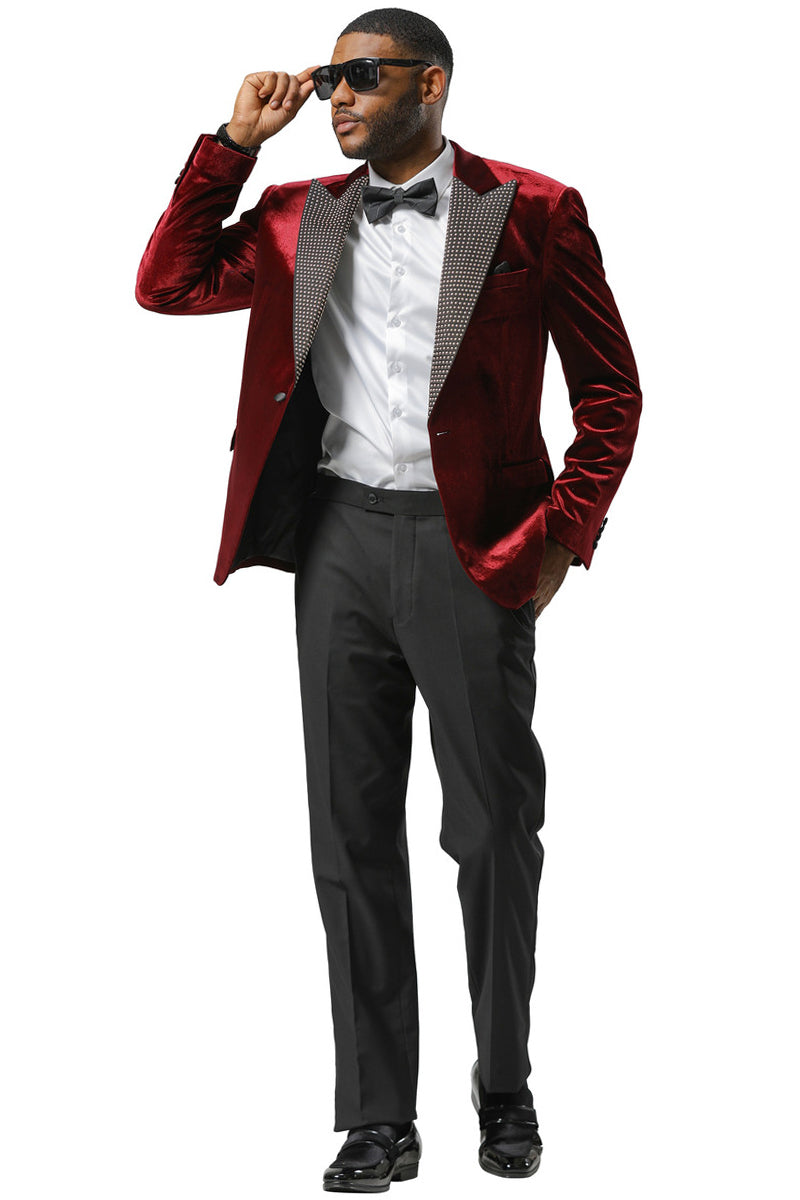Men's Stacy Adams Velvet Wedding & Prom Tuxedo Jacket With Rhinestone Adorned Lapel in Burgundy