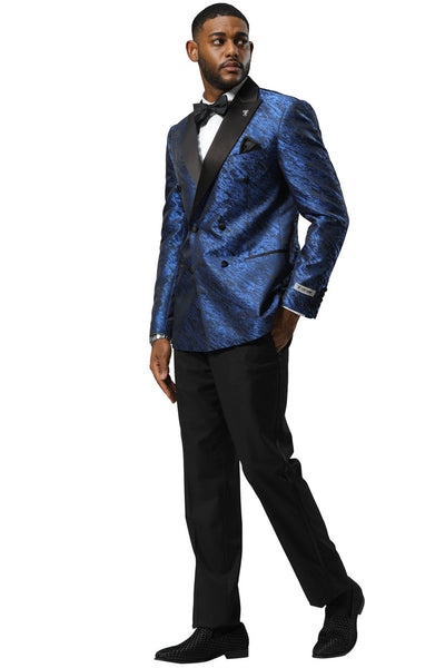 Men's Stacy Adams Double Breasted Wedding & Prom Tuxedo Jacket in Textured Shiny Royal Blue Sharkskin