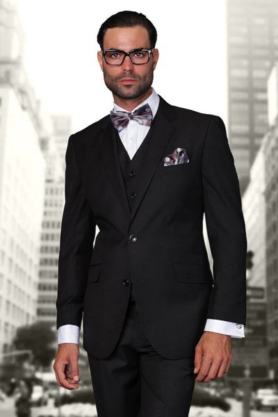 Men's Designer Vested Modern Fit Wool Wedding & Business  Suit in Black