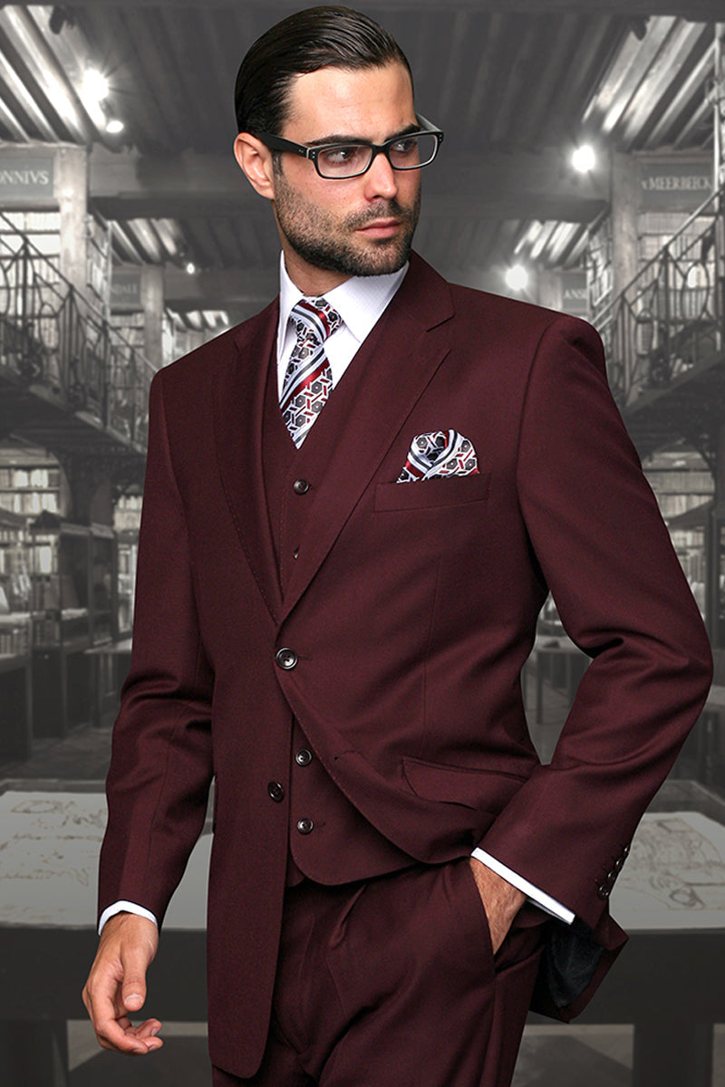 Men's Modern Fit Designer Vested Extra Long Wool Suit in Burgundy