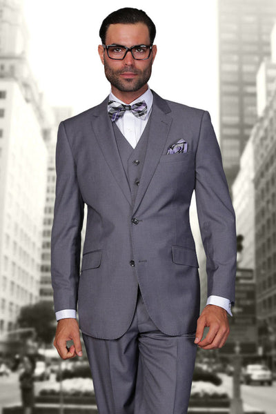 Men's Modern Fit Designer Vested Extra Long Wool Suit in Charcoal Grey