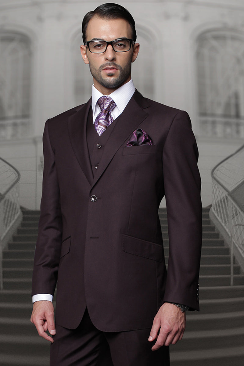 Men's Designer Vested Modern Fit Wool Wedding & Business  Suit in Eggplant