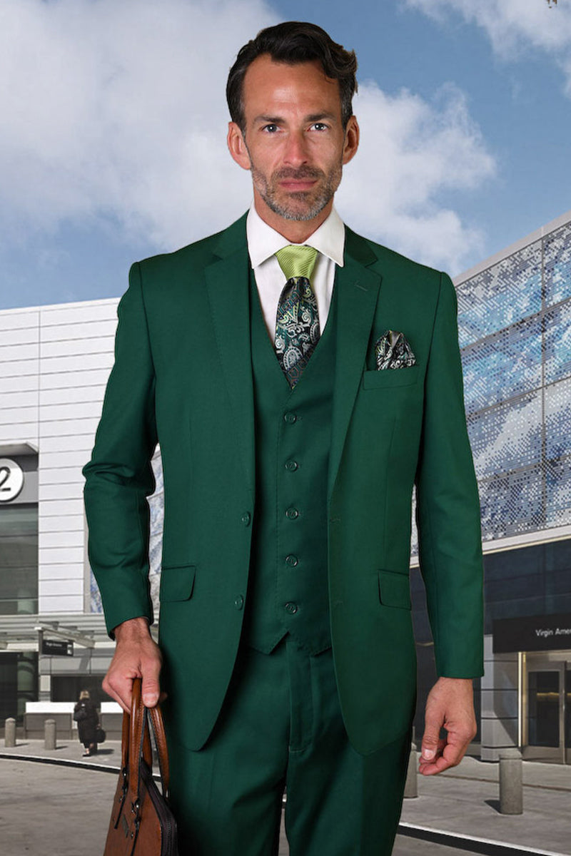 Men's Designer Vested Modern Fit Wool Wedding & Business  Suit in Forest Green