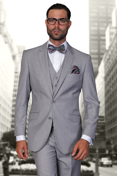 Men's Designer Vested Modern Fit Wool Wedding & Business  Suit in Grey