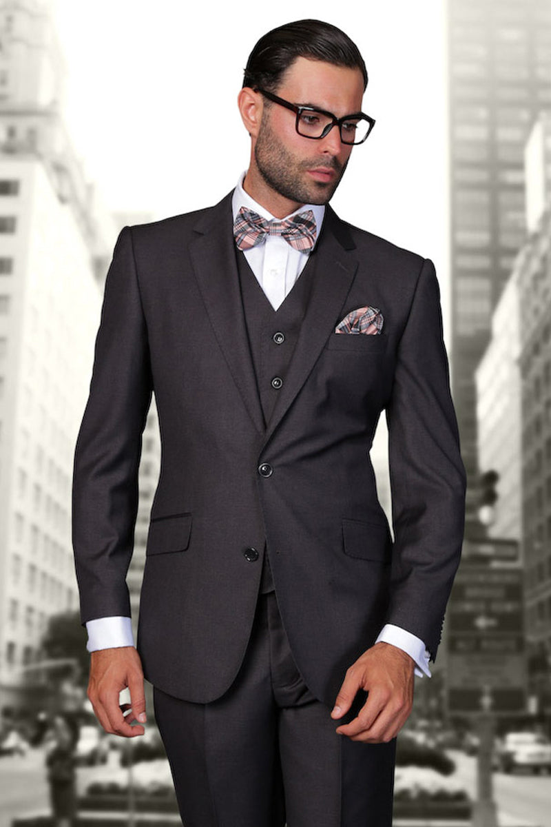 Men's Designer Vested Modern Fit Wool Wedding & Business  Suit in Charcoal