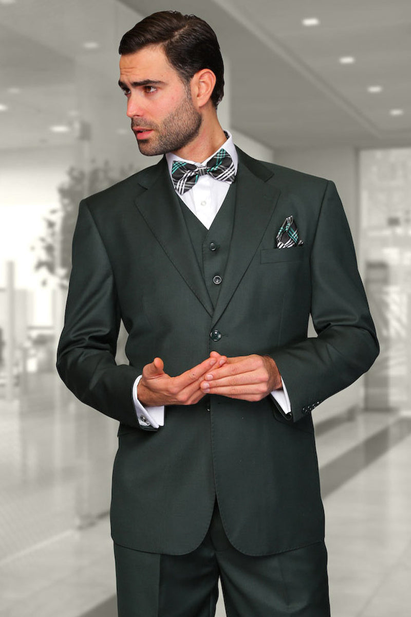 Men's Designer Vested Modern Fit Wool Wedding & Business  Suit in Hunter Green