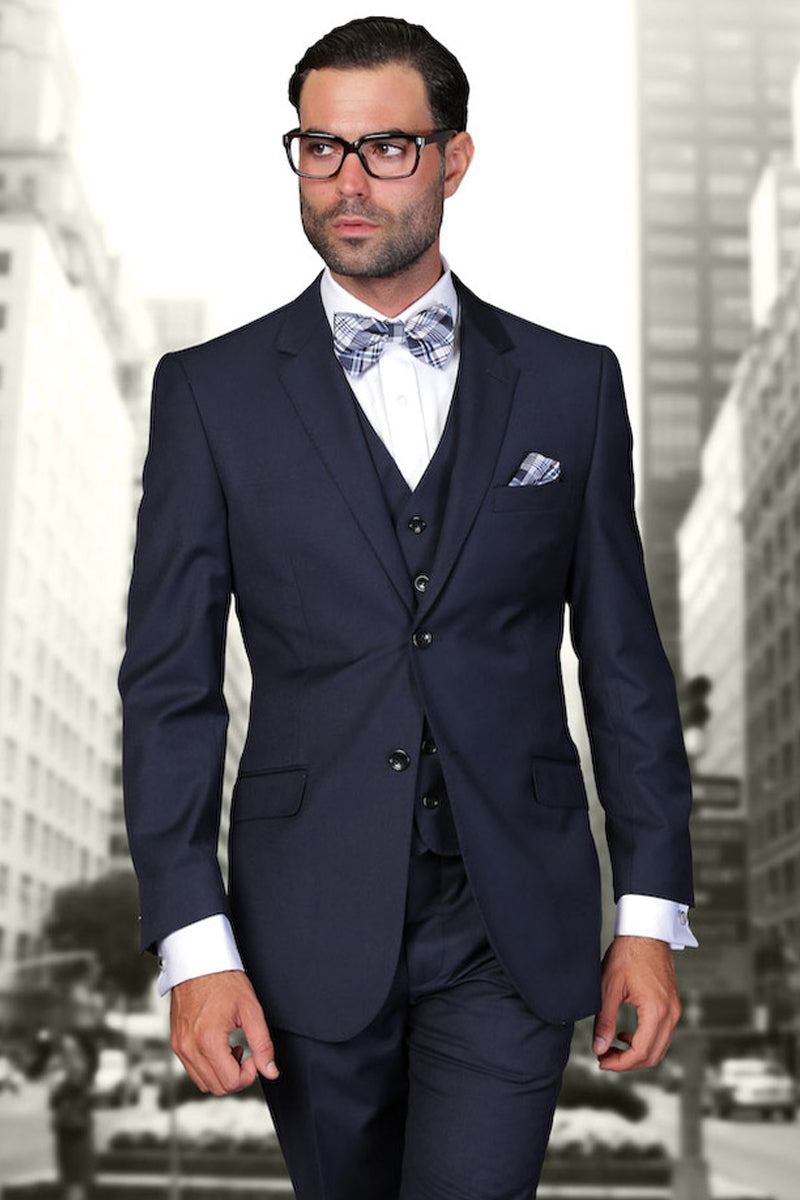 Men's Designer Vested Modern Fit Wool Wedding & Business  Suit in Navy Blue