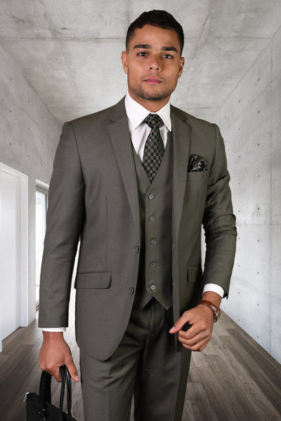 Men's Designer Vested Modern Fit Wool Wedding & Business  Suit in Sage Green