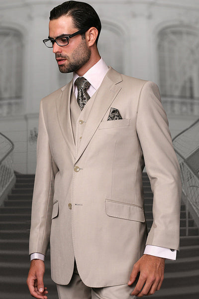 Men's Designer Vested Modern Fit Wool Wedding & Business  Suit in Tan