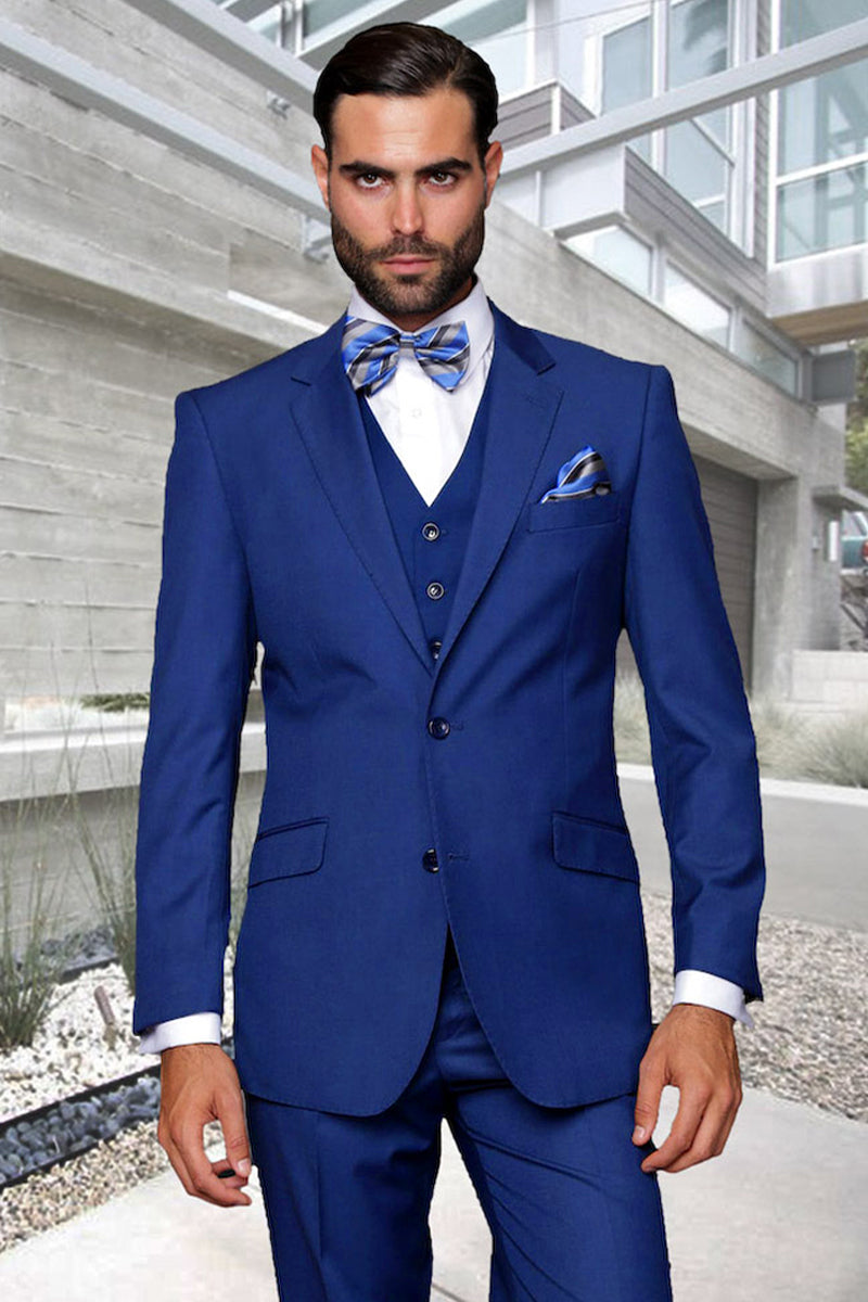 Men's Modern Fit Designer Vested Extra Long Wool Suit in Sapphire Blue