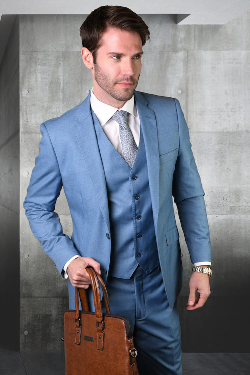 Men's Designer Vested Modern Fit Wool Wedding & Business  Suit in Steel Blue