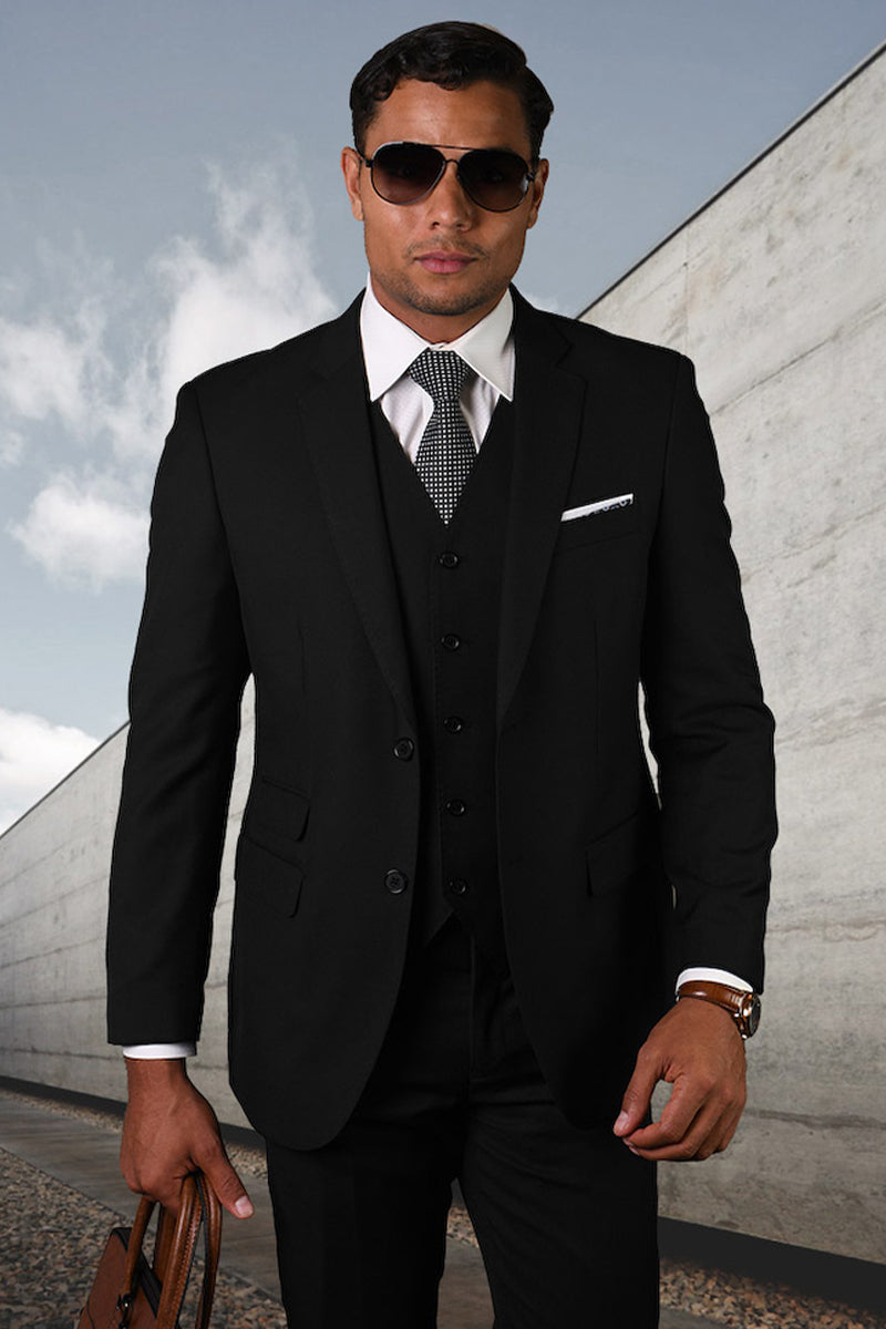 Men's Designer Two Button Modern Fit Vested Basic Wool Suit in Black