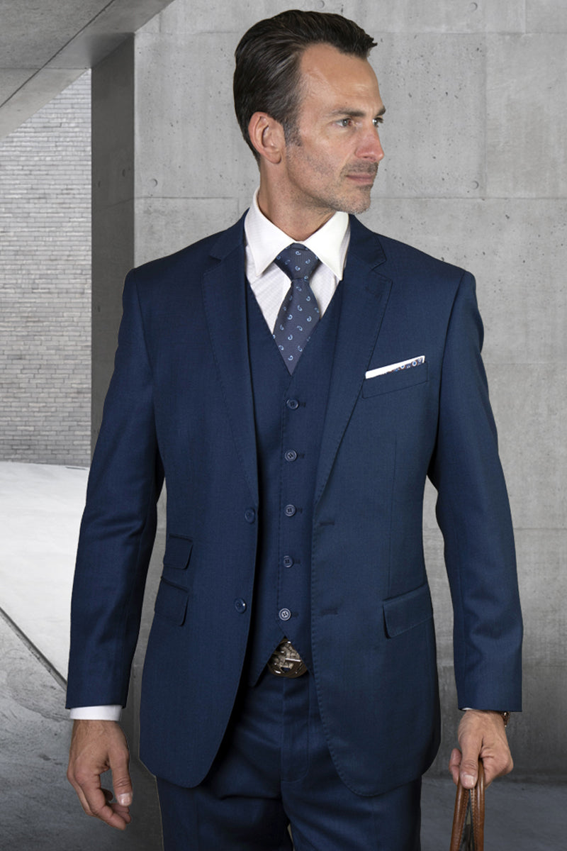 Men's Designer Two Button Modern Fit Vested Basic Wool Suit in Sapphire Blue