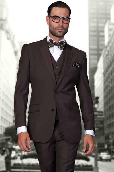 Men's Modern Fit Designer Vested Extra Long Wool Suit in Brown