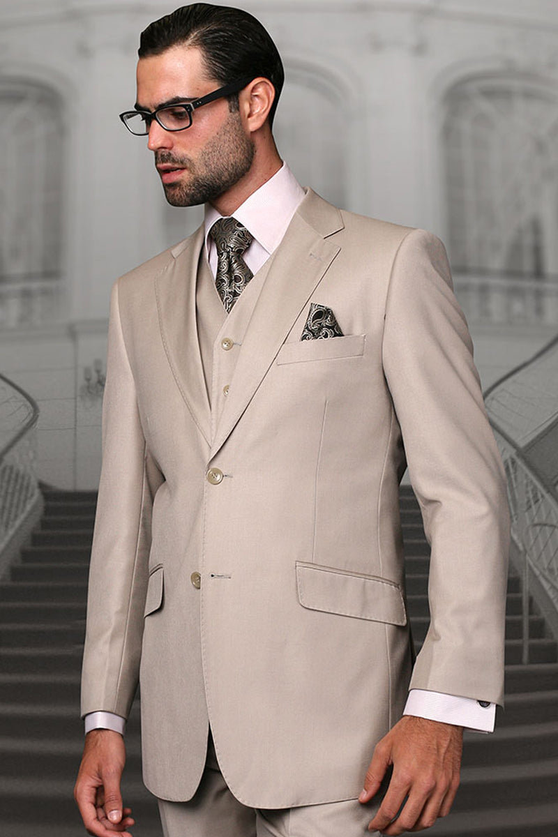 Men's Modern Fit Designer Vested Extra Long Wool Suit in Tan