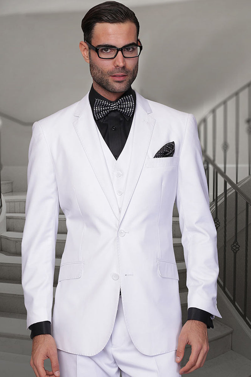 Men's Modern Fit Designer Vested Extra Long Wool Suit in White