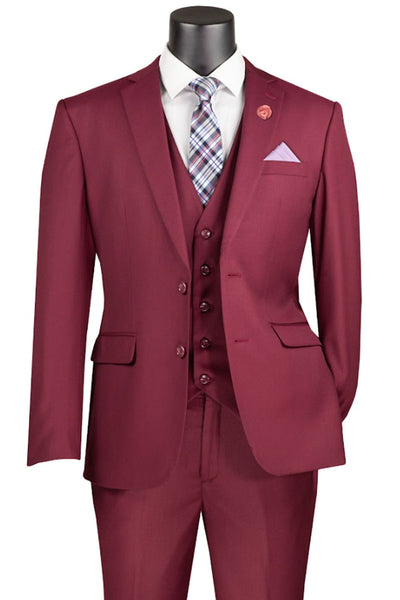 Men's Basic 2 Button Vested Slim Fit Suit in Burgundy