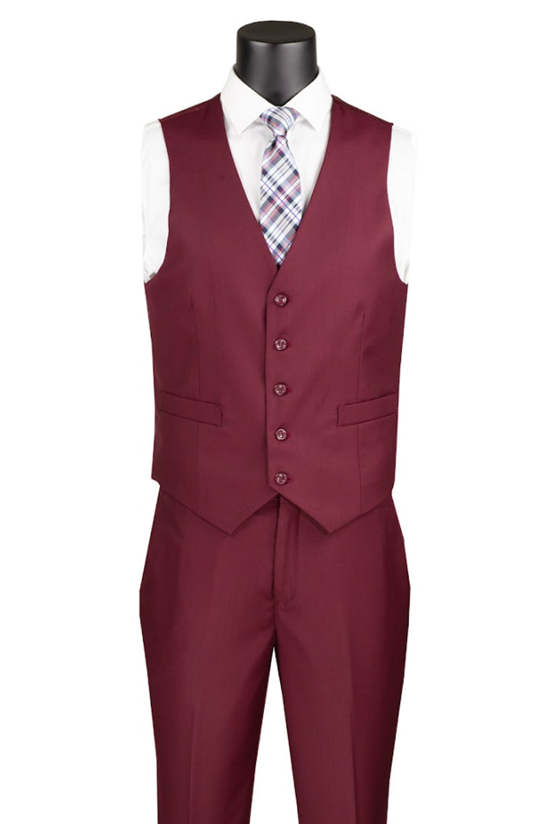Men's Basic 2 Button Vested Slim Fit Suit in Burgundy