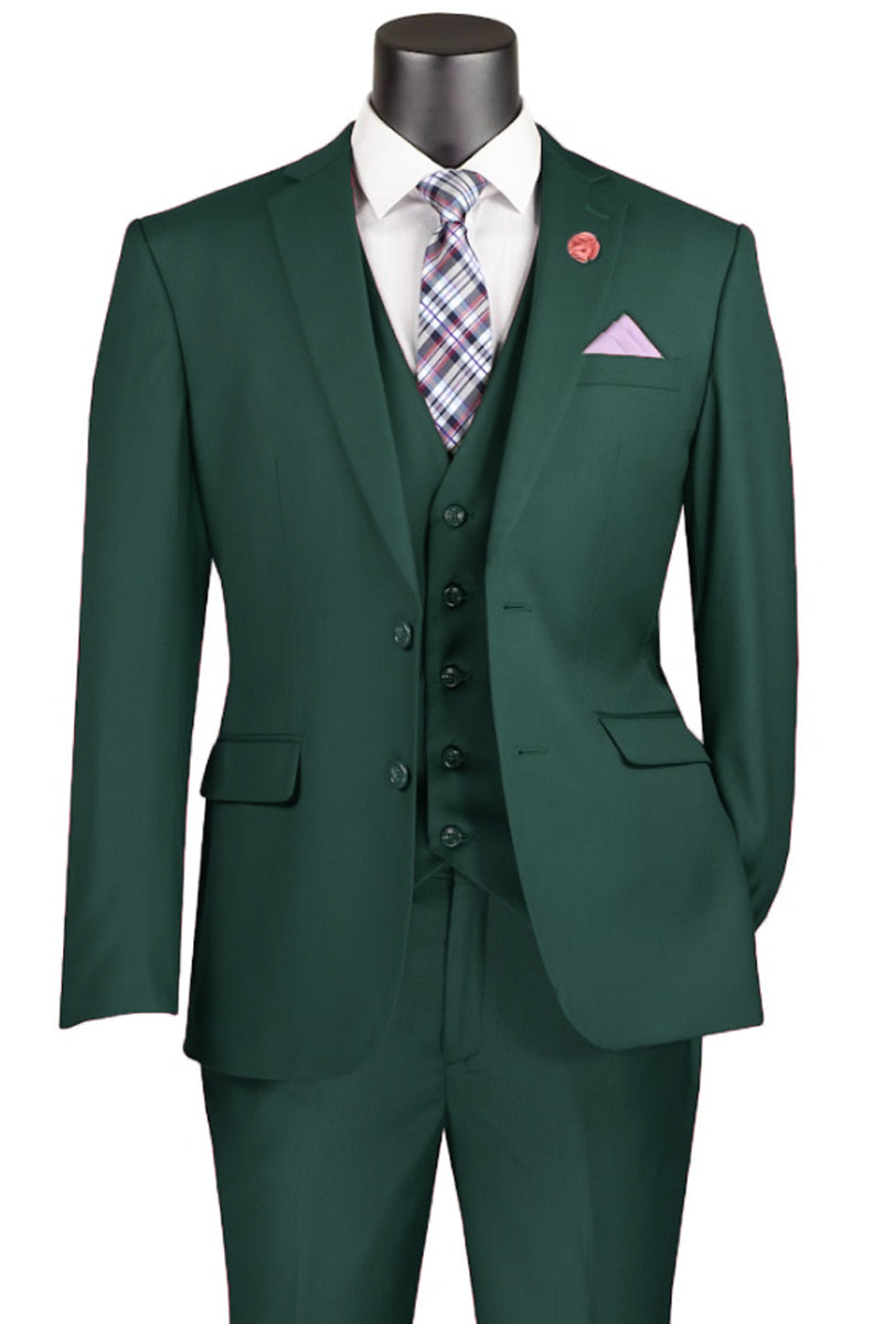 Men's Basic 2 Button Vested Slim Fit Suit in Hunter Green