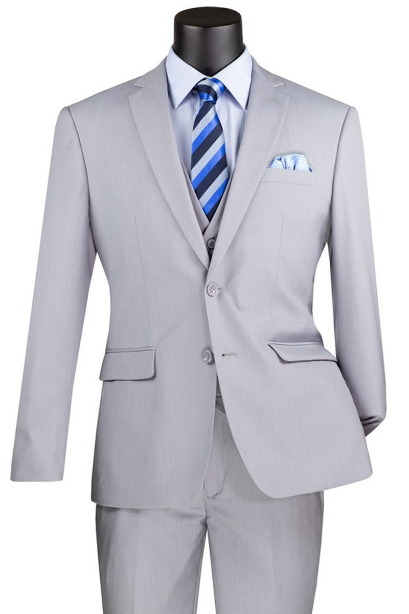 Men's Basic 2 Button Vested Slim Fit Suit in Light Grey