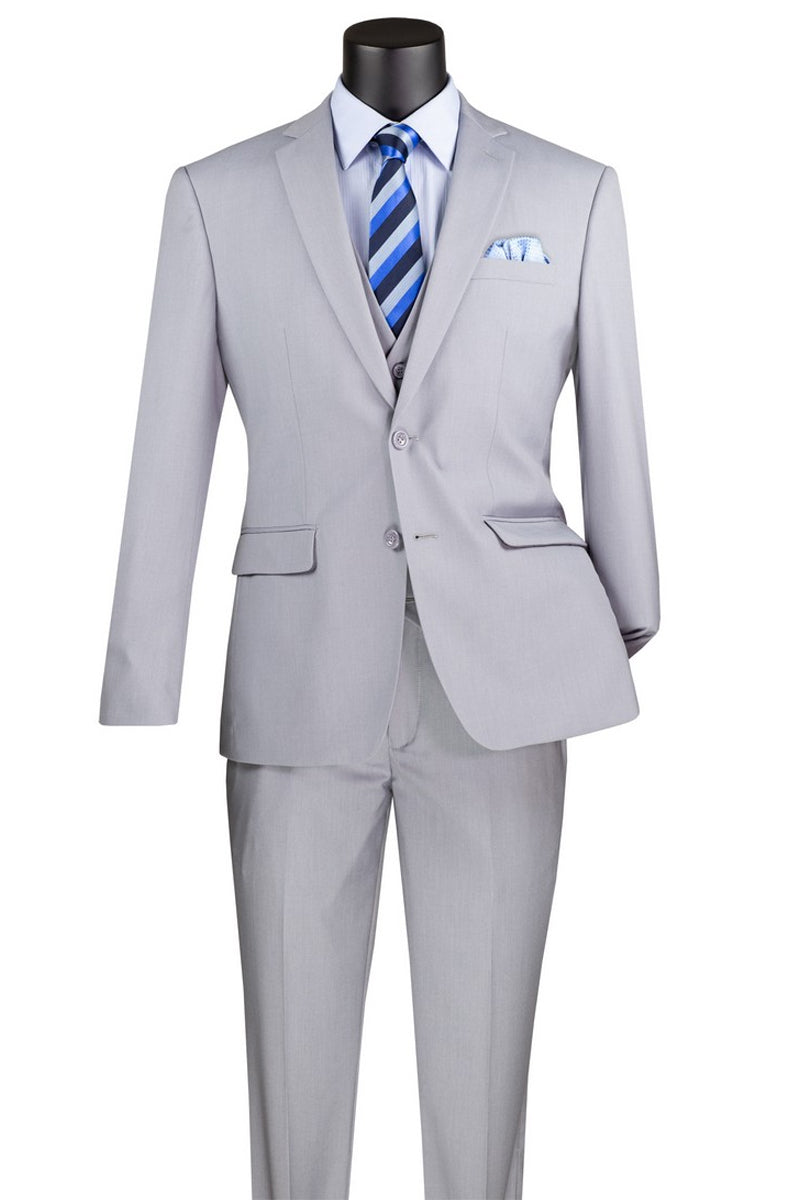 Men's Basic 2 Button Vested Slim Fit Suit in Light Grey