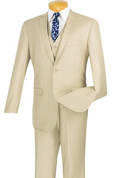 Men's Basic 2 Button Vested Slim Fit Suit in Stone Tan