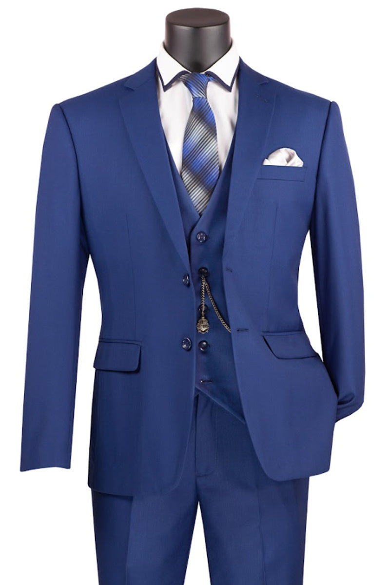 Men's Basic 2 Button Vested Slim Fit Suit in Twilight Blue