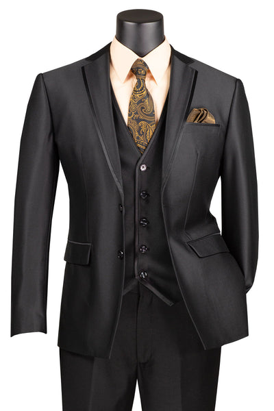 Men's Vested Slim Fit Shiny Sharkskin Wedding & Prom Tuxedo Suit in Black