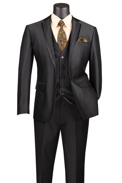 Men's Vested Slim Fit Shiny Sharkskin Wedding & Prom Tuxedo Suit in Black