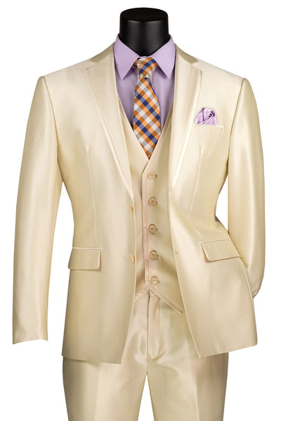 Men's Vested Slim Fit Shiny Sharkskin Wedding & Prom Tuxedo Suit in Champagne Beige