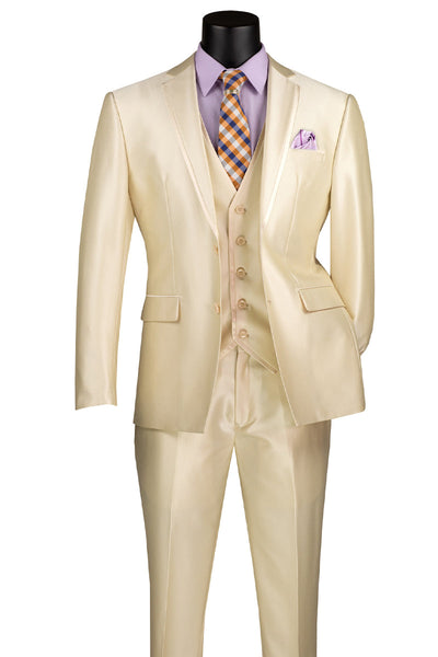 Men's Vested Slim Fit Shiny Sharkskin Wedding & Prom Tuxedo Suit in Champagne Beige